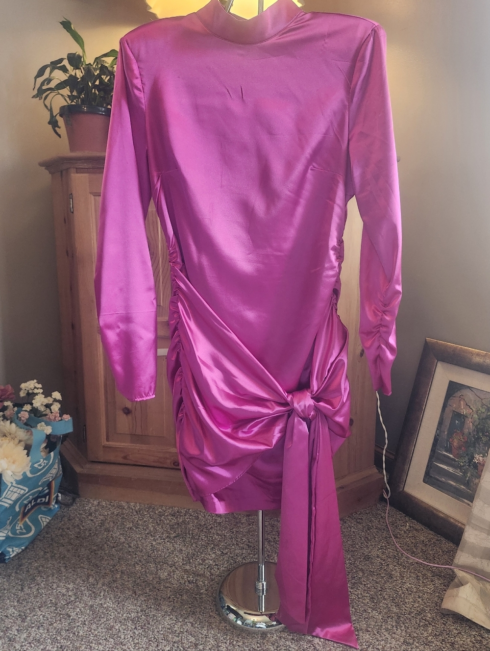 LIKELY Hot Fuscia Satin Long Sleeve Tie-Front Mini Dress